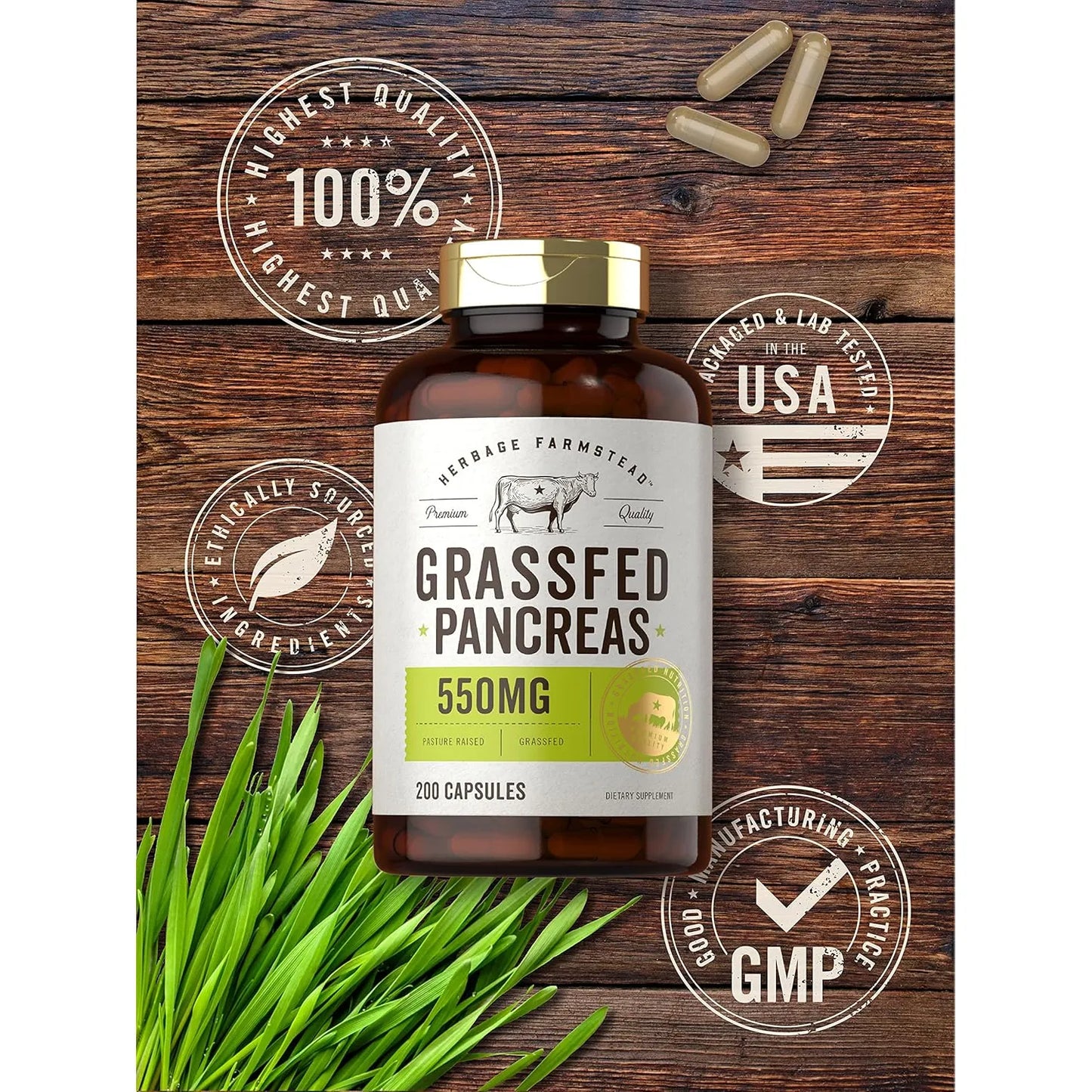 Pancreas De Carne Alimentada Con Pasto 550 Mg 200 Capsulas Suplemento Bovino Sin Omg Ni Gluten