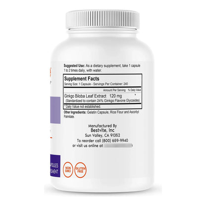 Ginkgo Biloba 120 Mg 240 Capsulas Estandarizado 24 Flavone Glucosidos Puro Sin Gluten