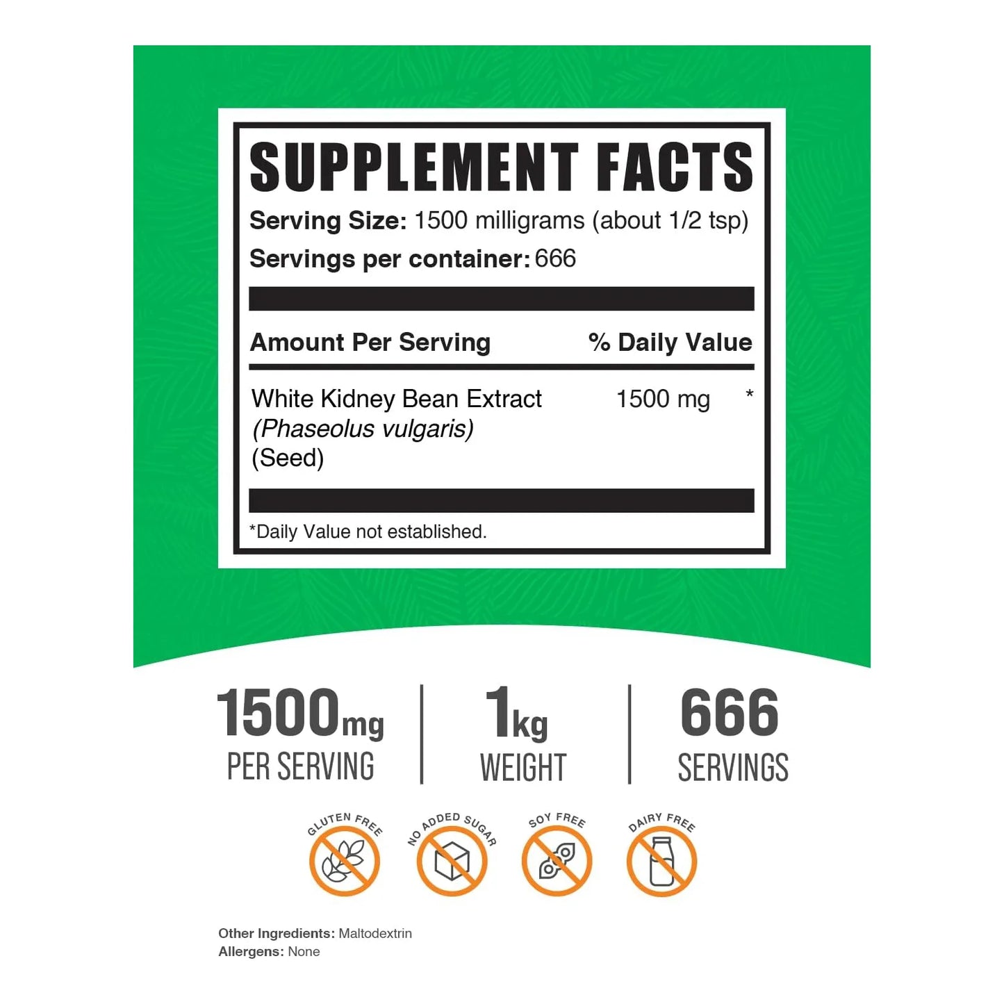 Polvo De Extracto De Frijol Blanco 1500 Mg Suplemento Natural Sin Gluten