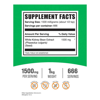 Polvo De Extracto De Frijol Blanco 1500 Mg Suplemento Natural Sin Gluten
