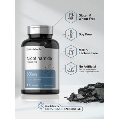 Horbäach Nicotinamida 500mg 180 Cápsulas Vitamina B3 Sin Rubor Sin Gluten - Imagen 4