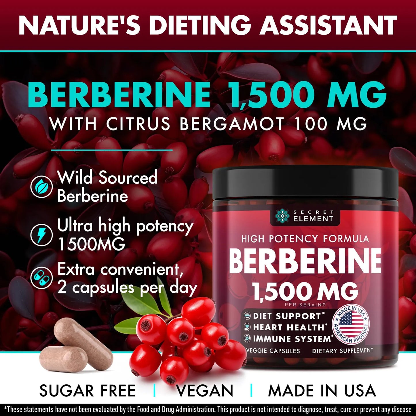 Berberina HCL 1500 Mg Capsulas Veganas Alta Potencia Con Raiz De Remolacha Y Bergamota