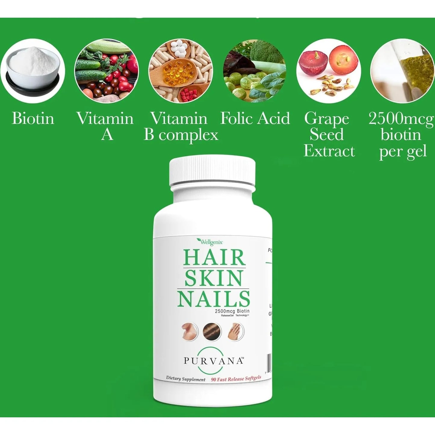 Purvana Cápsulas Blandas Vitaminas Cabello Piel Uñas 2500 Mcg Biotina