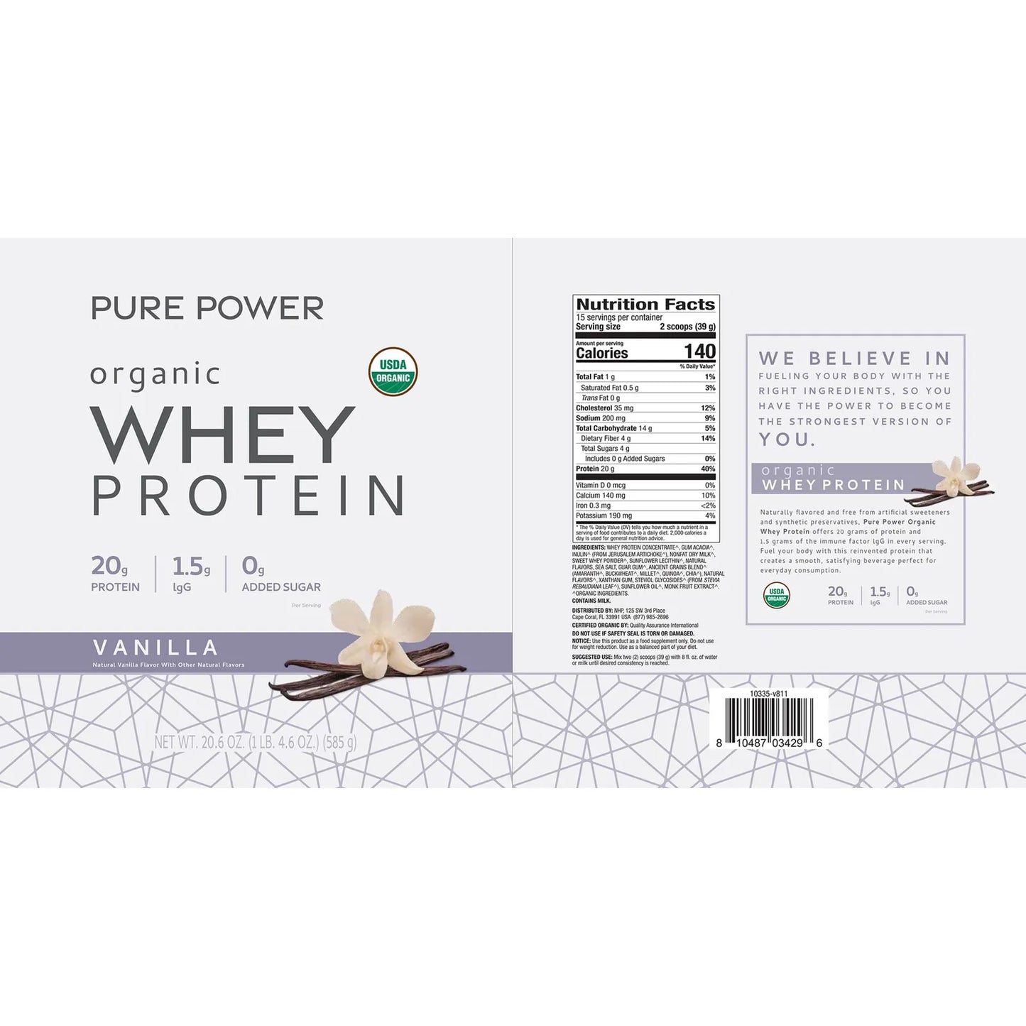 Proteina En Polvo Vainilla Organica 585g Sin Gluten Sin Soja Usda