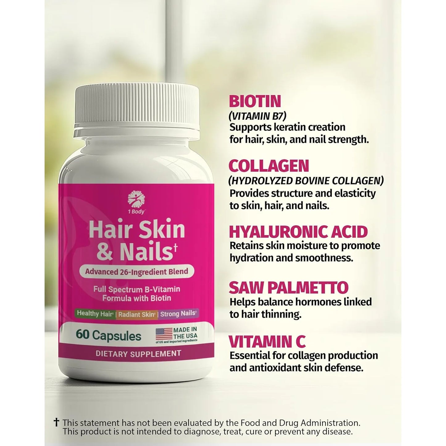 Vitaminas Cabello Piel Uñas Crecimiento Restauracion Biotina 5000 Mcg 60 Capsulas
