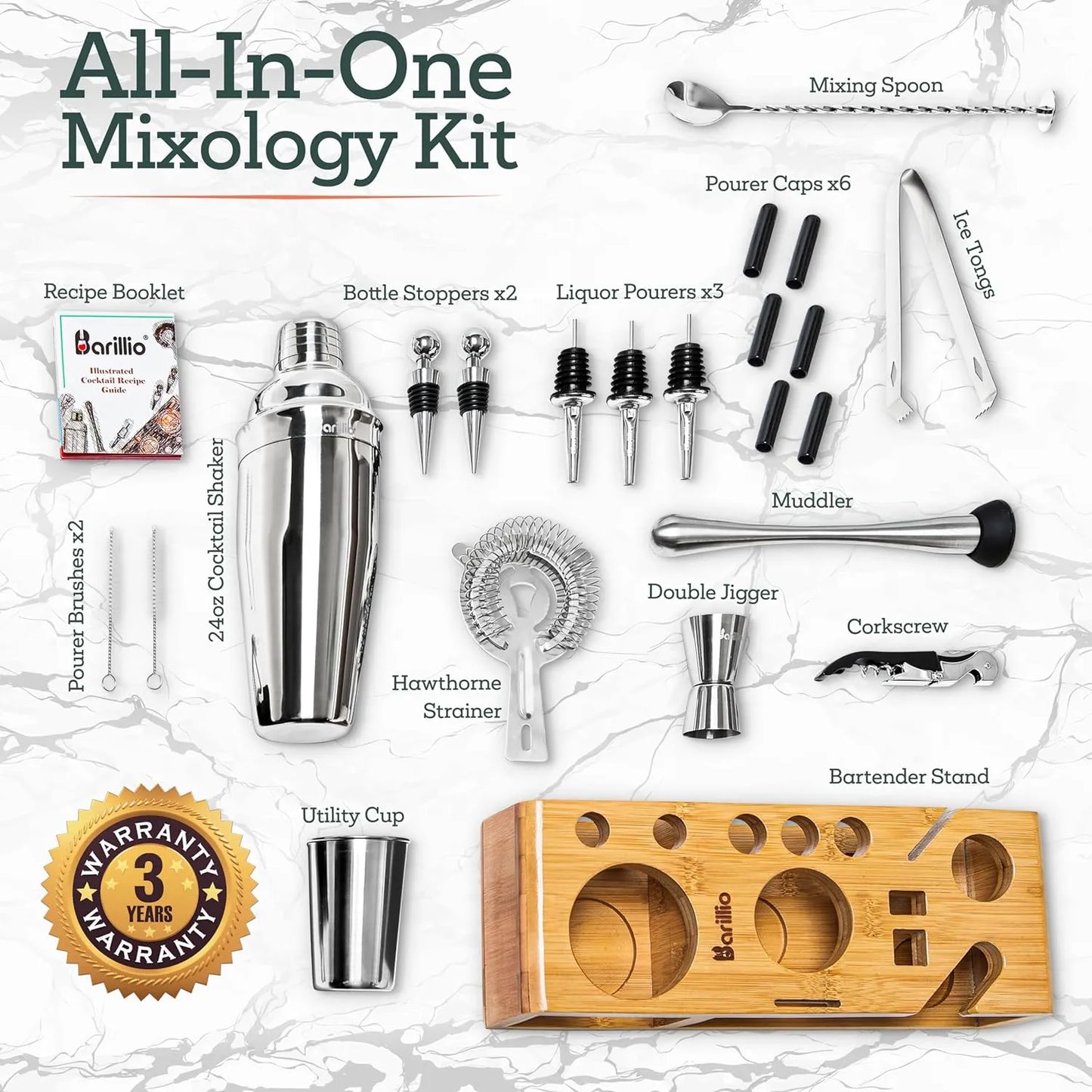 Kit De Cocteleria Bartender 23 Piezas Soporte De Bambu Barillio Premium
