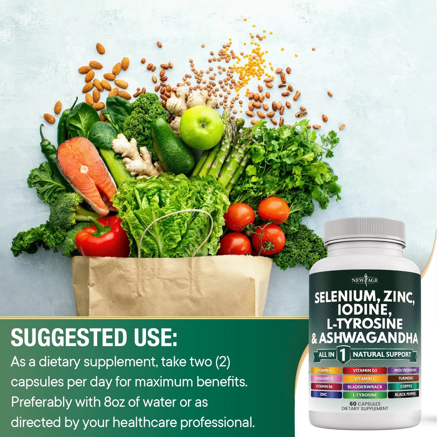 Suplemento Tiroideo Premium Selenio 300mcg Zinc 50mg Yodo 500mcg Con Ashwagandha Y L Tirosina 120 Cápsulas