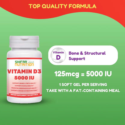 Vitamina D3 Halal 5000 Ui Cápsulas Blandas 120 Porciones Soporte Huesos E Inmunidad