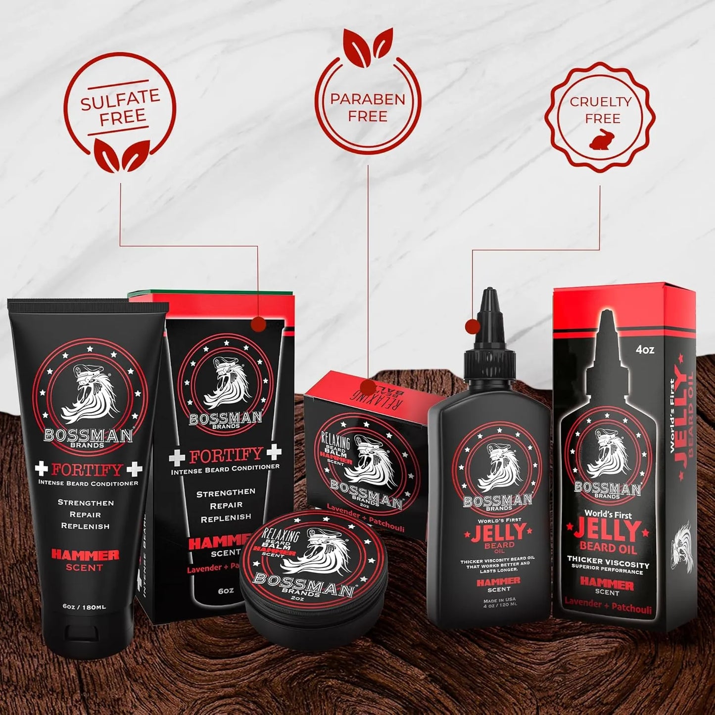 Kit Cuidado Barba Bossman Essentials Aceite Acondicionador Y Bálsamo Hammer