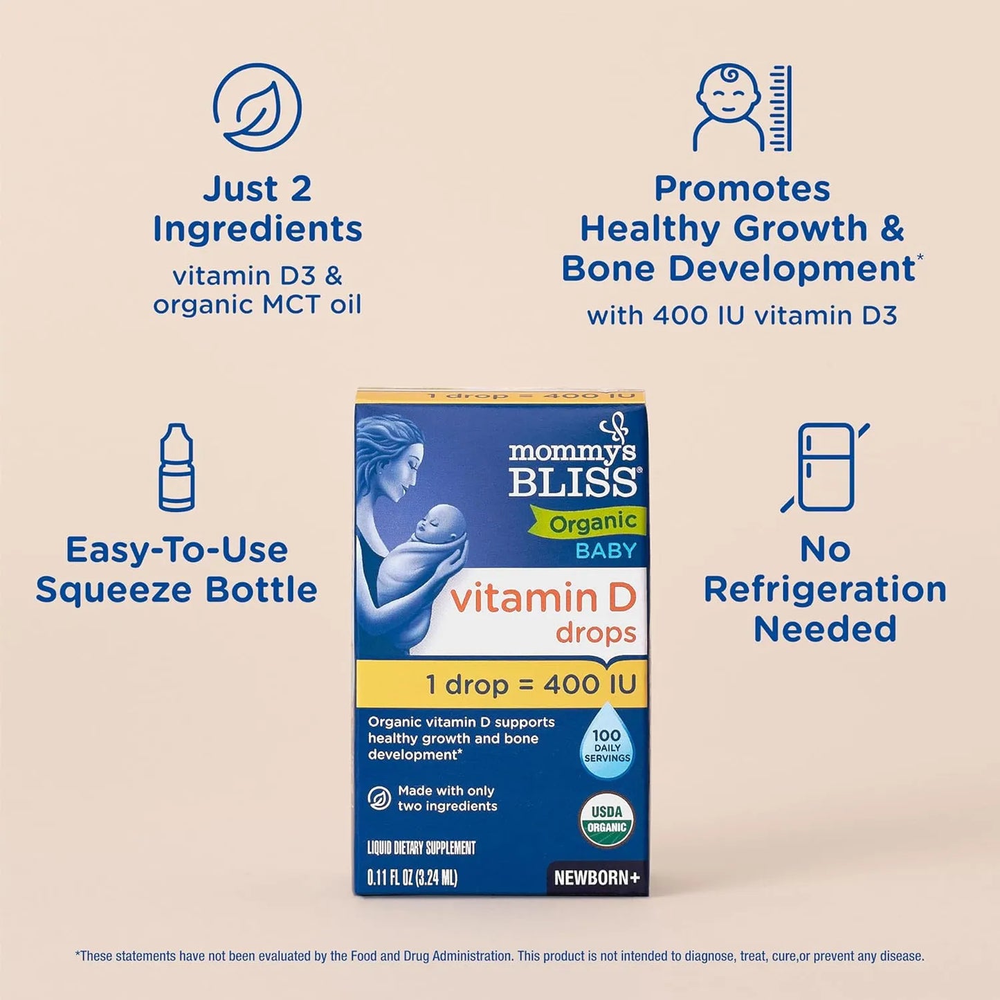 Vitaminas D Orgánicas Para Bebés 3.25 Ml Promueve Crecimiento Saludable