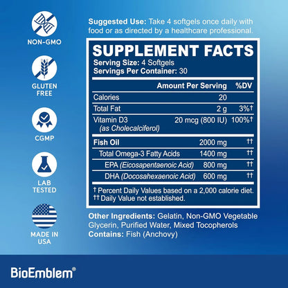 Aceite De Pescado Omega 3 2000 Mg Cápsulas Pequeñas Alta Absorción BioEmblem