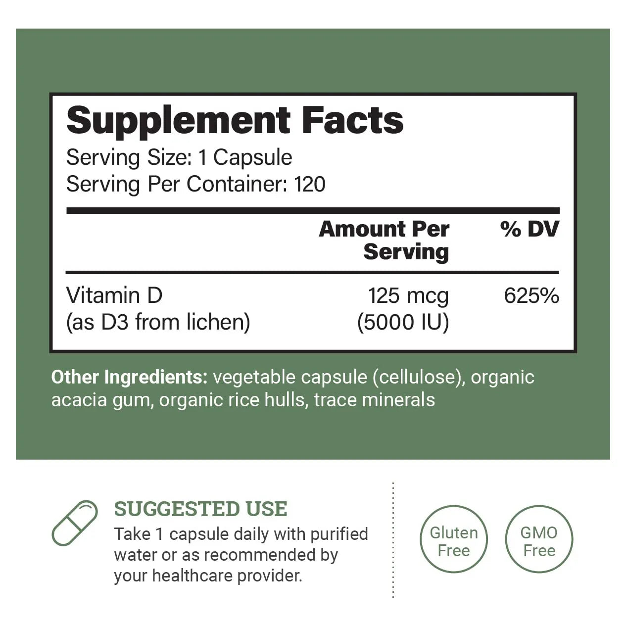 Vitamina D3 5000 Ui Suplemento Vegano Salud Inmune Huesos Fuertes 120 Capsulas