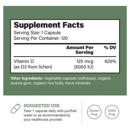 Vitamina D3 5000 Ui Suplemento Vegano Salud Inmune Huesos Fuertes 120 Capsulas