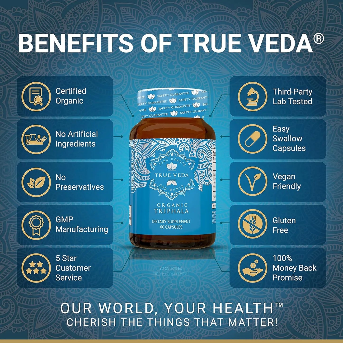 Cápsulas Triphala Orgánico Certificado USDA Digestión Saludable Vegano 60 Unidades
