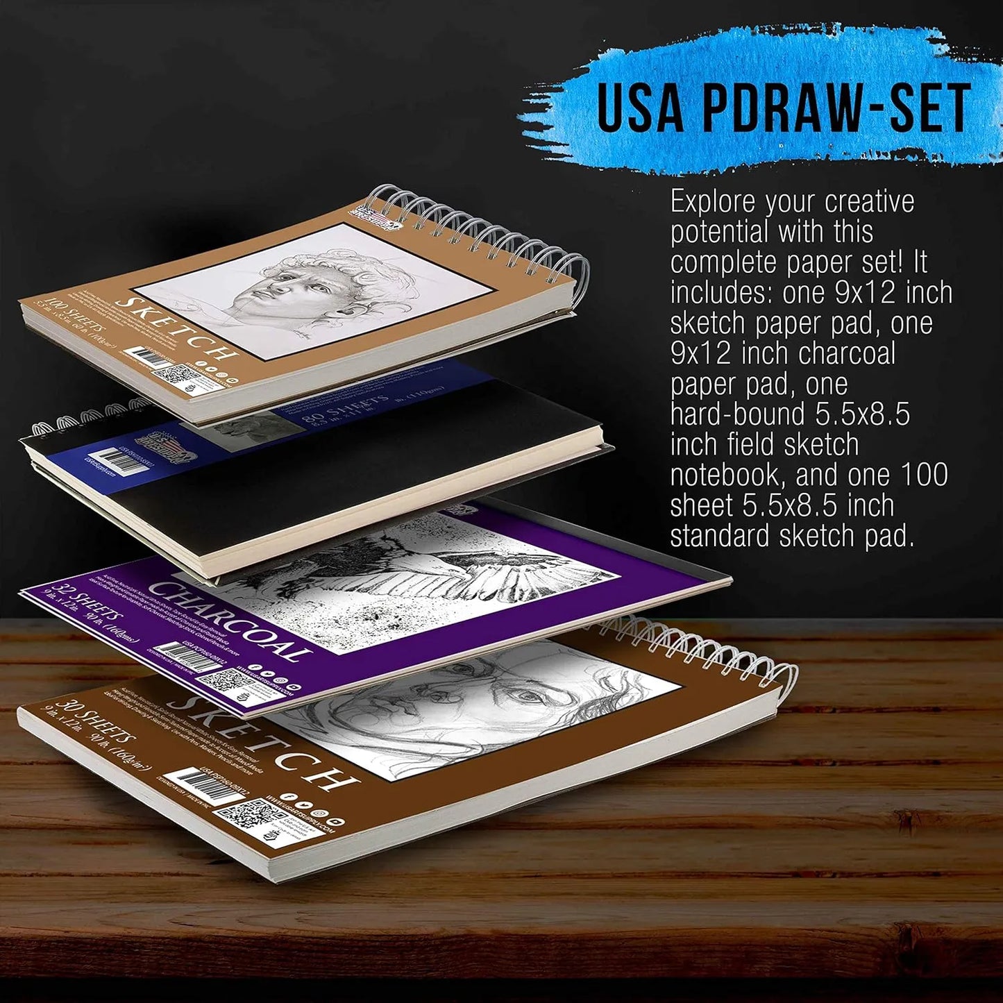 Pack 4 Cuadernos Dibujo 242 Hojas Profesional Sketchbook Papel Carbón Acuarela