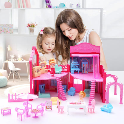 Casa De Muñecas Portatil 4 Habitaciones Con Luces Y Accesorios Incluye 2 Muñecas