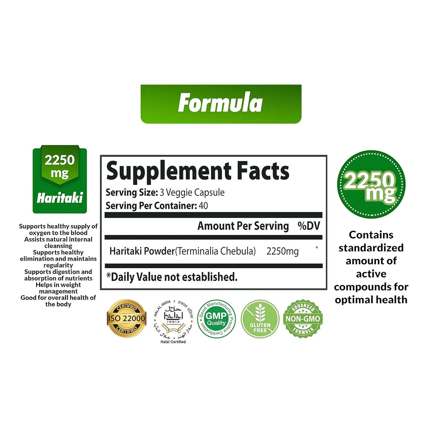 Capsulas Organicas De Haritaki 2250 Mg Rejuvenecimiento Digestión Vegano Sin Gluten