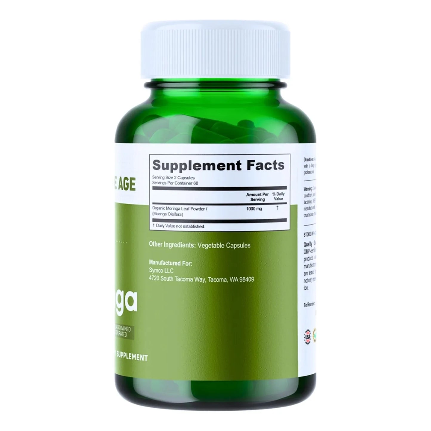 Cápsulas De Polvo Orgánico De Moringa 1000 Mg 60 Unidades Veganas Sin Gluten