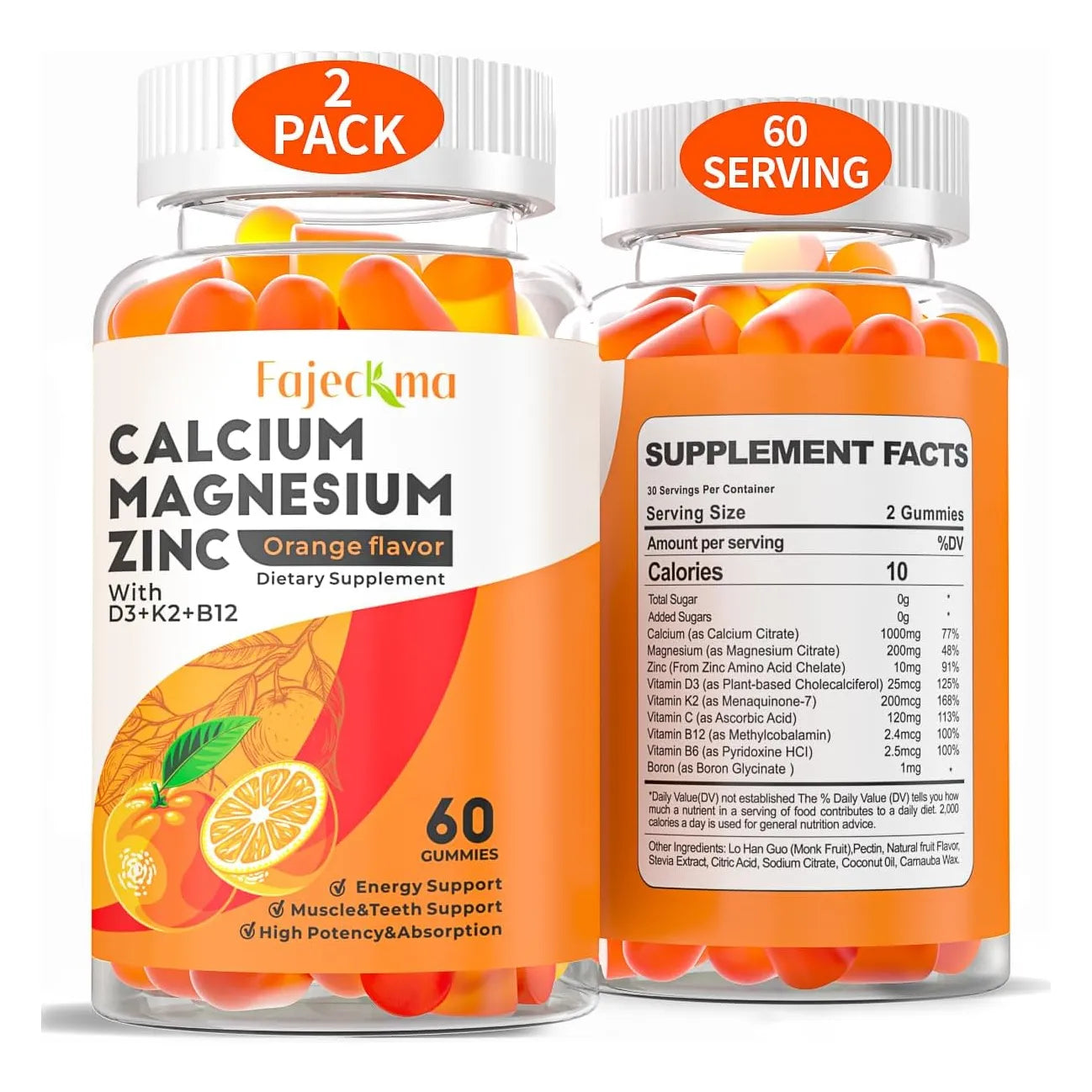 Gomitas Calcio Magnesio Zinc 1000 Mg Citrato D3 B12 Alta Absorcion Sabor Naranja Vegano
