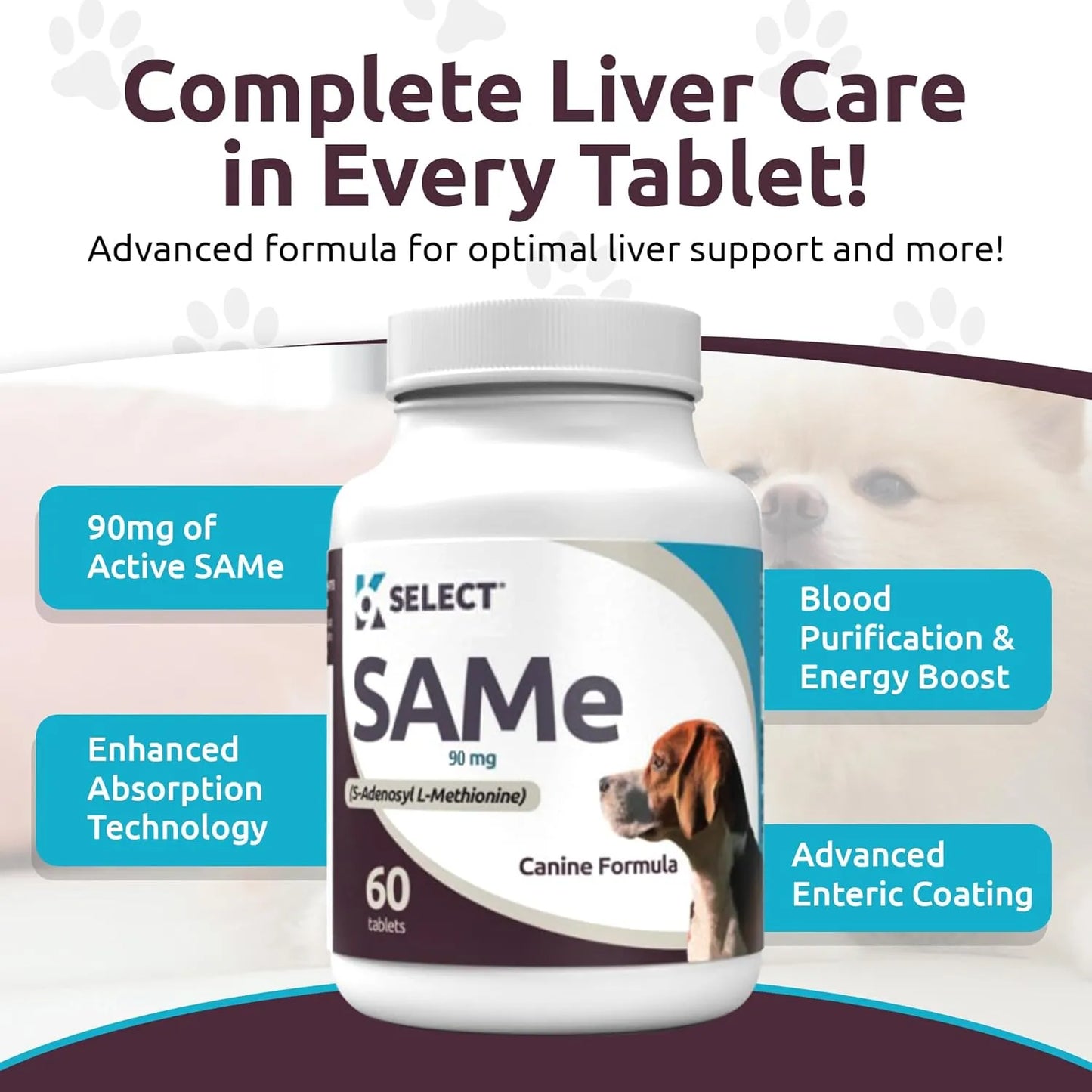 K9 Select SAM-e Para Perros Pequeños Y Medianos 60 Tabletas 90 Mg Suplemento Hepático Y Articular