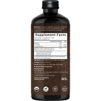 Aceite MCT Organico 32 Onzas Combustible Cerebral Keto Sin Sabor