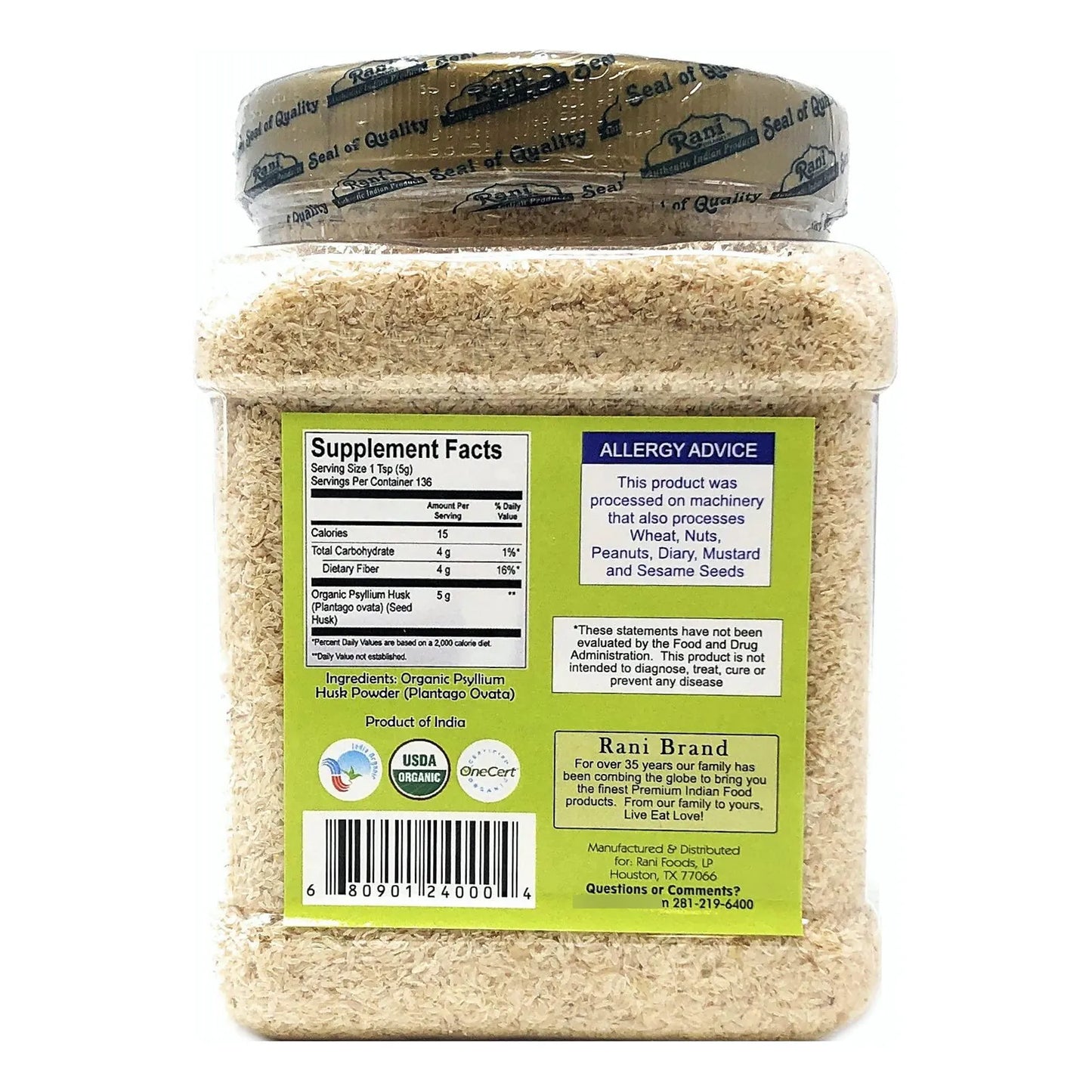Polvo De Cascara Entera De Psyllium Organico 9.8 Onzas Fibra Natural Vegano Sin Gluten