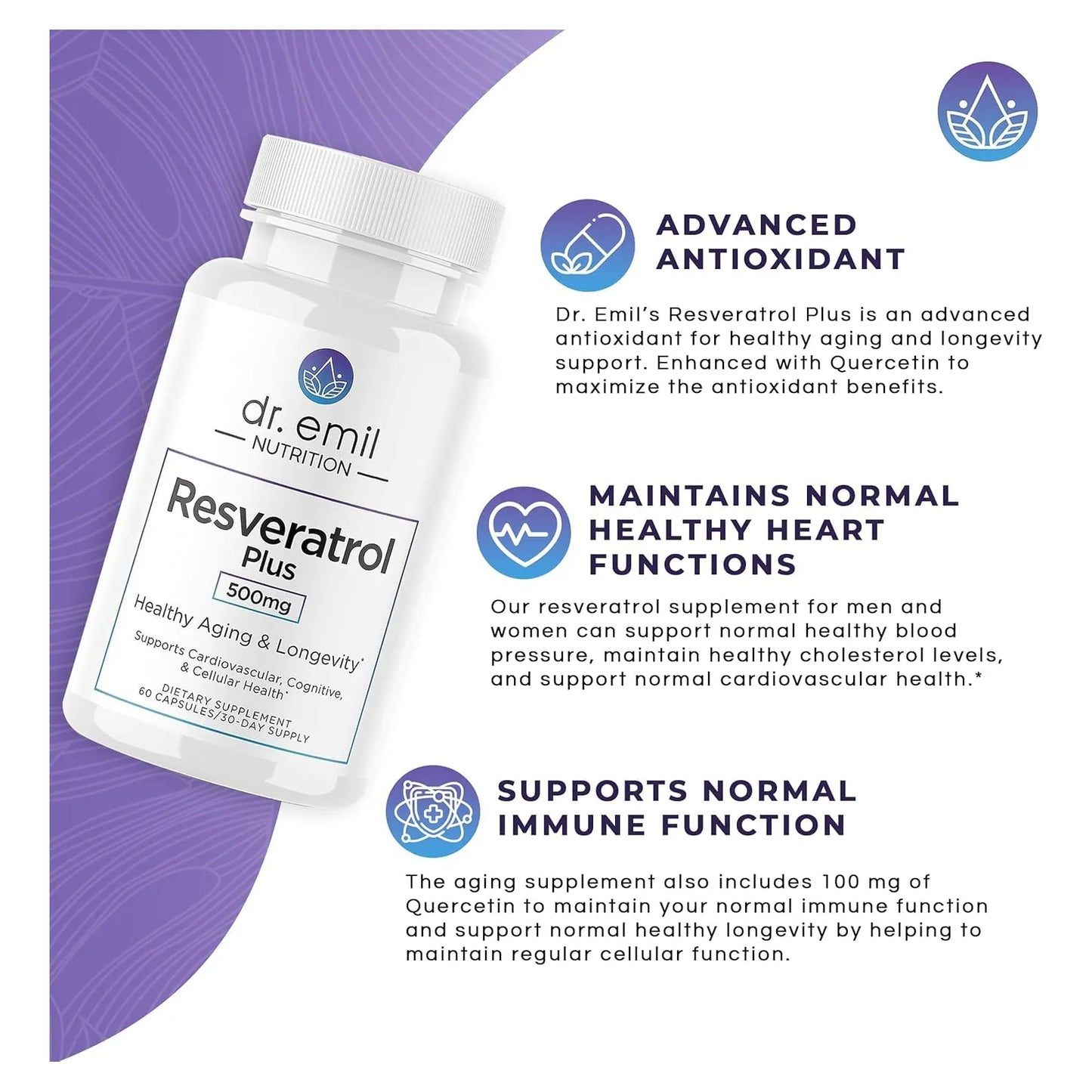 Suplemento De Resveratrol 500 Mg Y Quercetina 100 Mg Para Envejecimiento Saludable 60 Capsulas