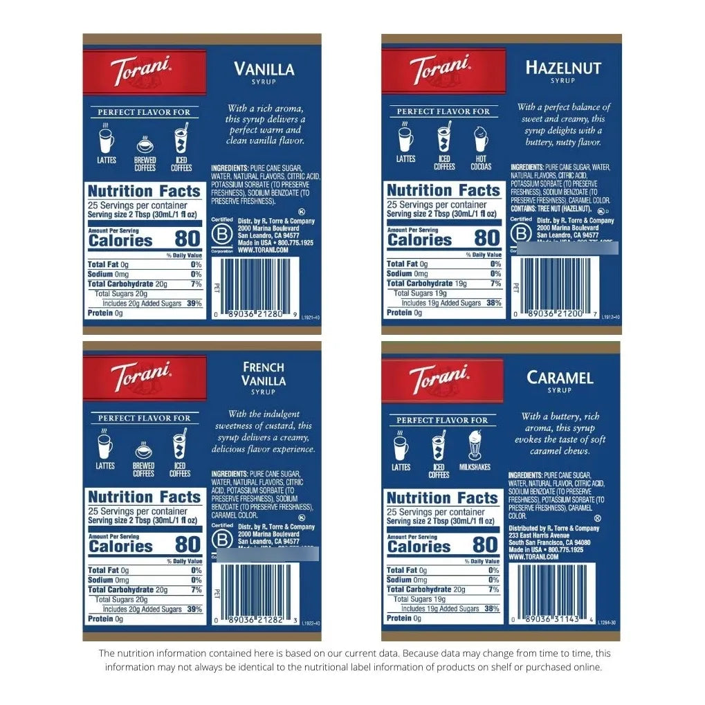 Paquete Variado 4 Sabores Torani Caramelo Vainilla Avellana 720 Ml