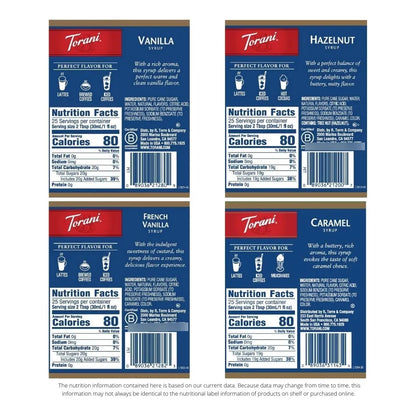Paquete Variado 4 Sabores Torani Caramelo Vainilla Avellana 720 Ml
