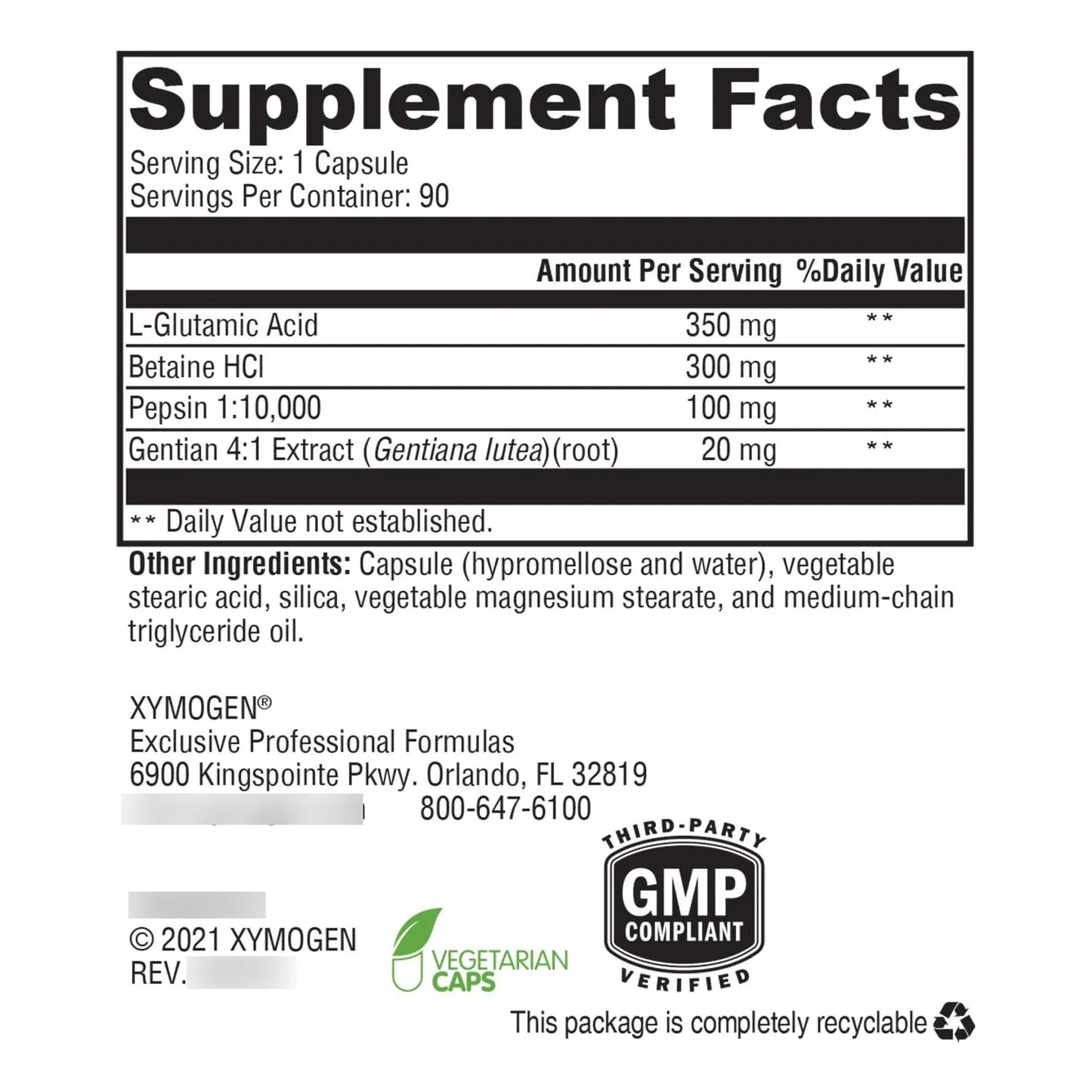 GastrAcid Betaína HCl Con Pepsina Y L-Glutamato Suplemento Digestivo