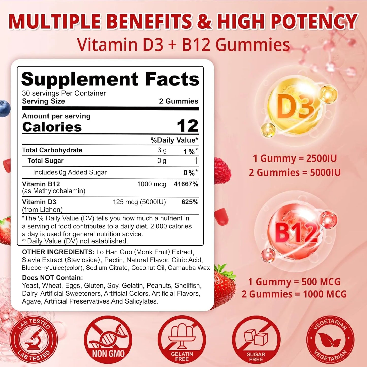 Gomitas Veganas Vitamina D3 5000Ui B12 1000Mcg Sabor Bayas Paquete X2