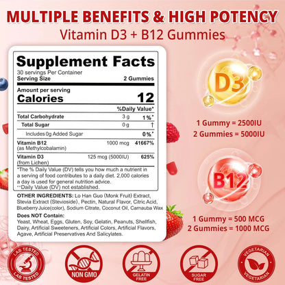 Gomitas Veganas Vitamina D3 5000Ui B12 1000Mcg Sabor Bayas Paquete X2