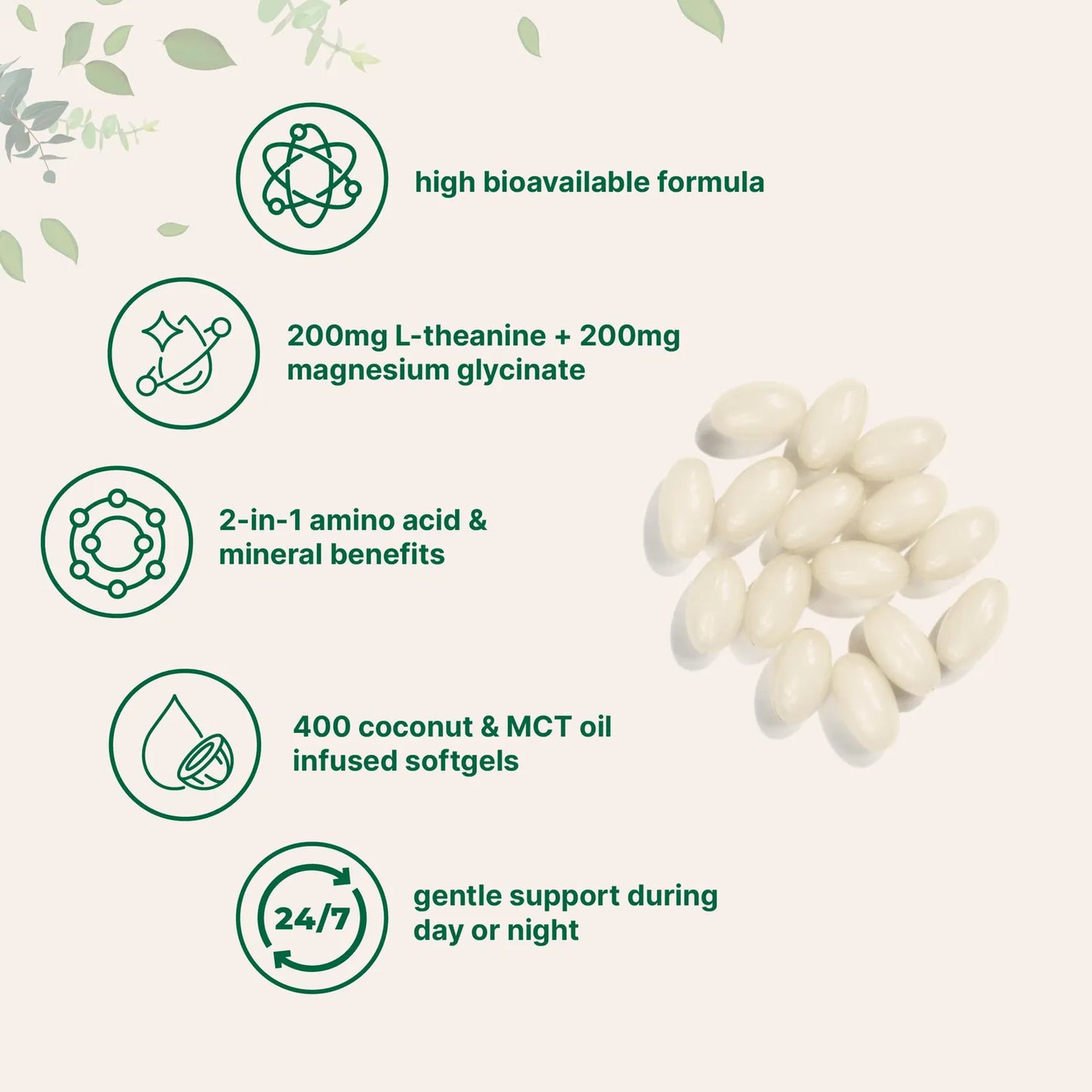 L Teanina 200 Mg Con Glicinato De Magnesio 400 Capsulas Blandas Aceite Coco MCT