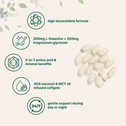 L Teanina 200 Mg Con Glicinato De Magnesio 400 Capsulas Blandas Aceite Coco MCT