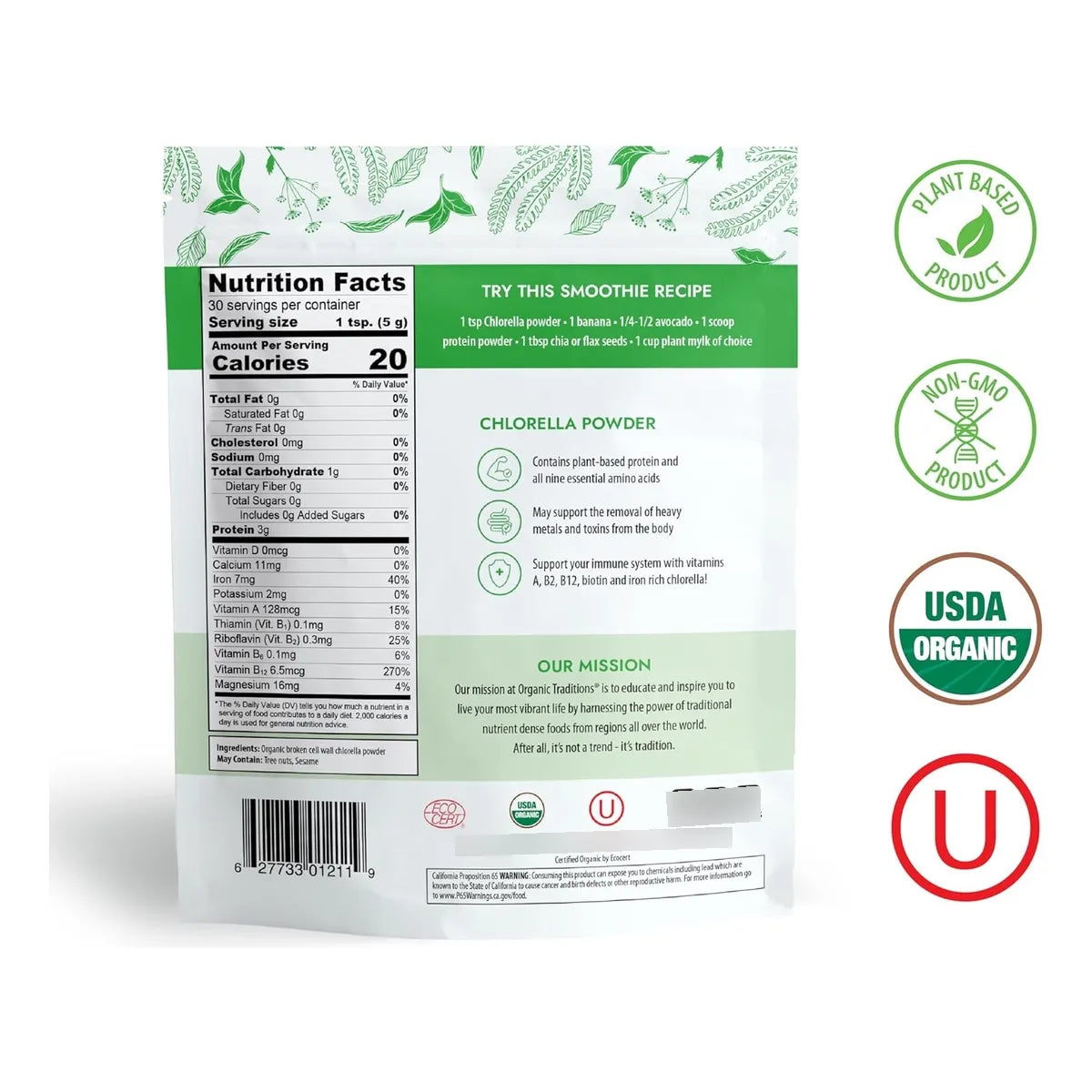 Polvo Orgánico De Chlorella Superalimento 150 Gramos 30 Porciones Organic Traditions