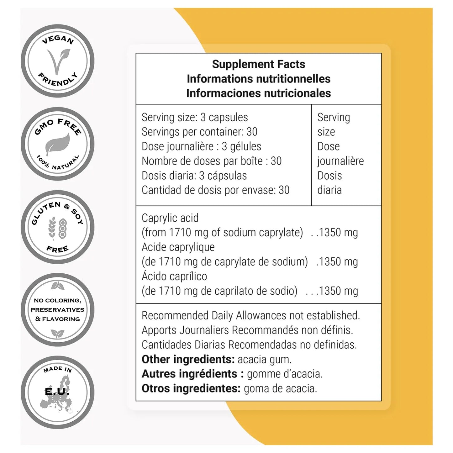 Suplemento De Ácido Caprílico 1350 Mg Mct 90 Cápsulas Vegetarianas Sin Gluten