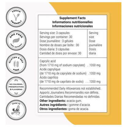 Suplemento De Ácido Caprílico 1350 Mg Mct 90 Cápsulas Vegetarianas Sin Gluten