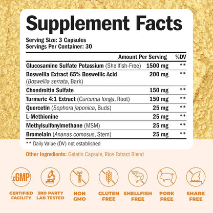 Suplemento Articular Glucosamina 1500 Mg Condroitina Msm Cúrcuma 180 Capsulas