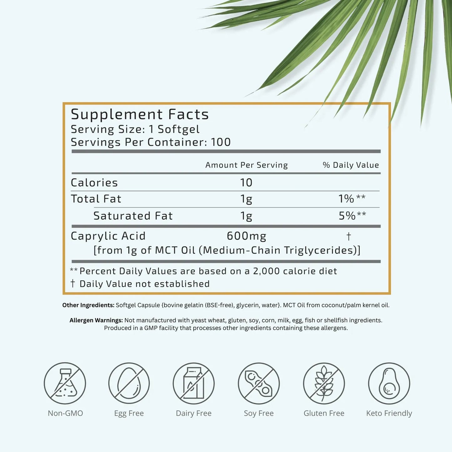 Cápsulas Aceite MCT C8 Natural De Coco 100 Unidades Energía Sostenida Keto