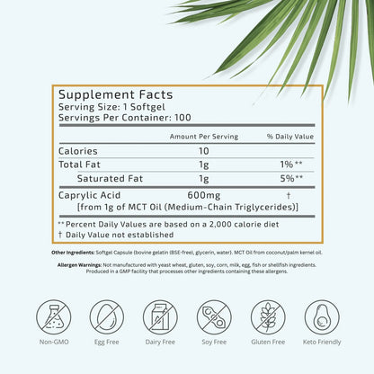 Cápsulas Aceite MCT C8 Natural De Coco 100 Unidades Energía Sostenida Keto