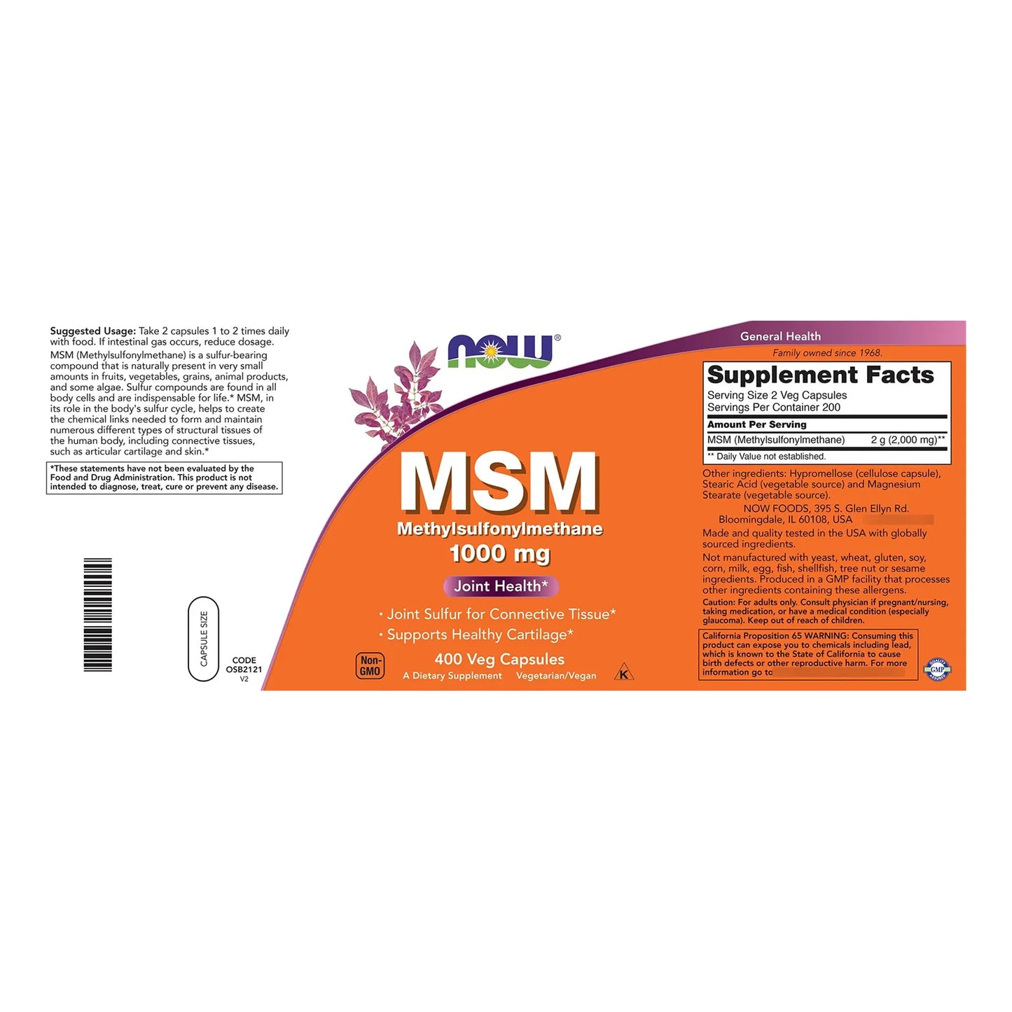 Now Msm 1000 Mg 400 Capsulas Vegetales Paquete De 2 Salud Articular