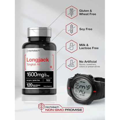 Horbäach Longjack Tongkat Ali 1600mg 120 Cápsulas Aumenta Energía - Imagen 5