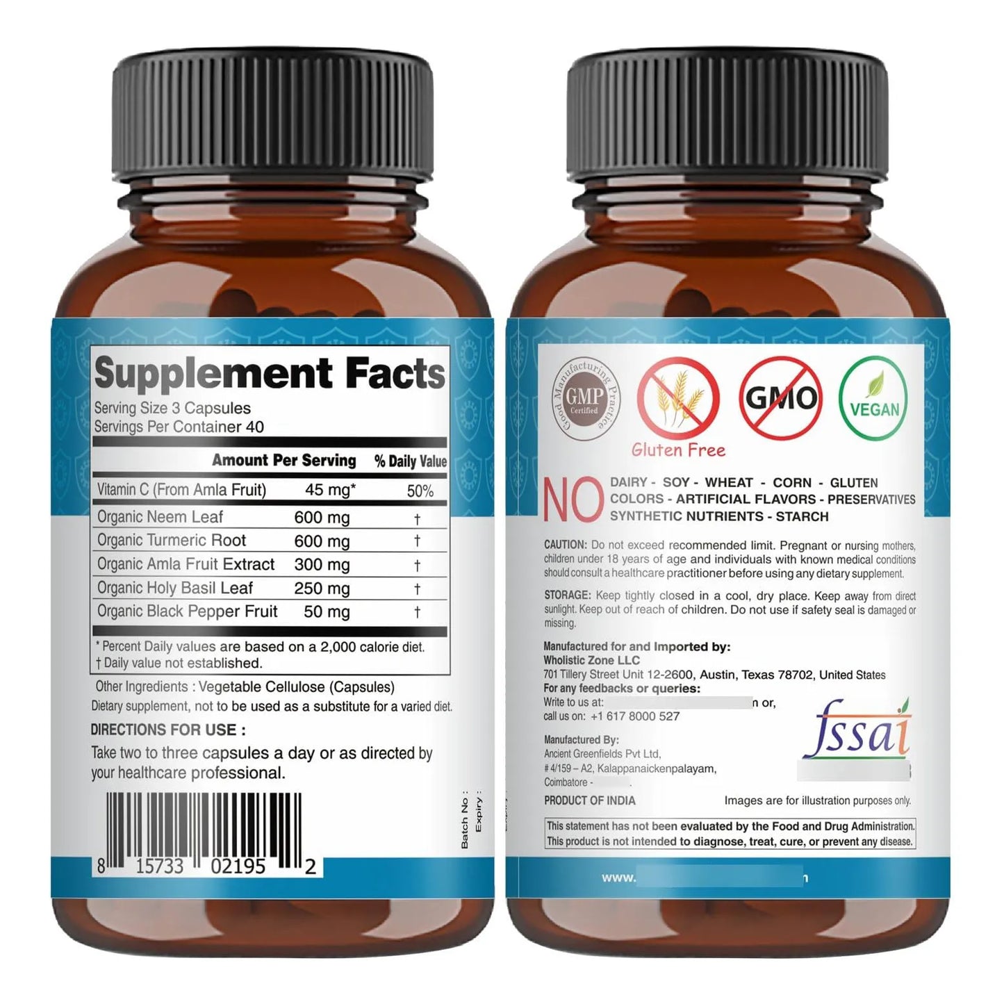 Cápsulas De Neem Cúrcuma Amla Tulsi Albahaca Santa Extracto Suplemento Dietético