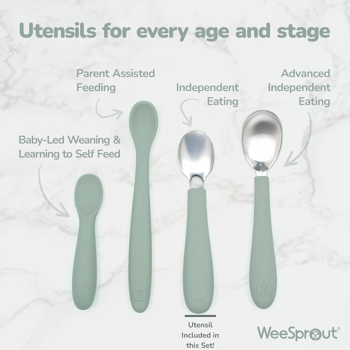 Juego 6 Utensilios Infantiles Acero Inoxidable Y Silicona WeeSprout