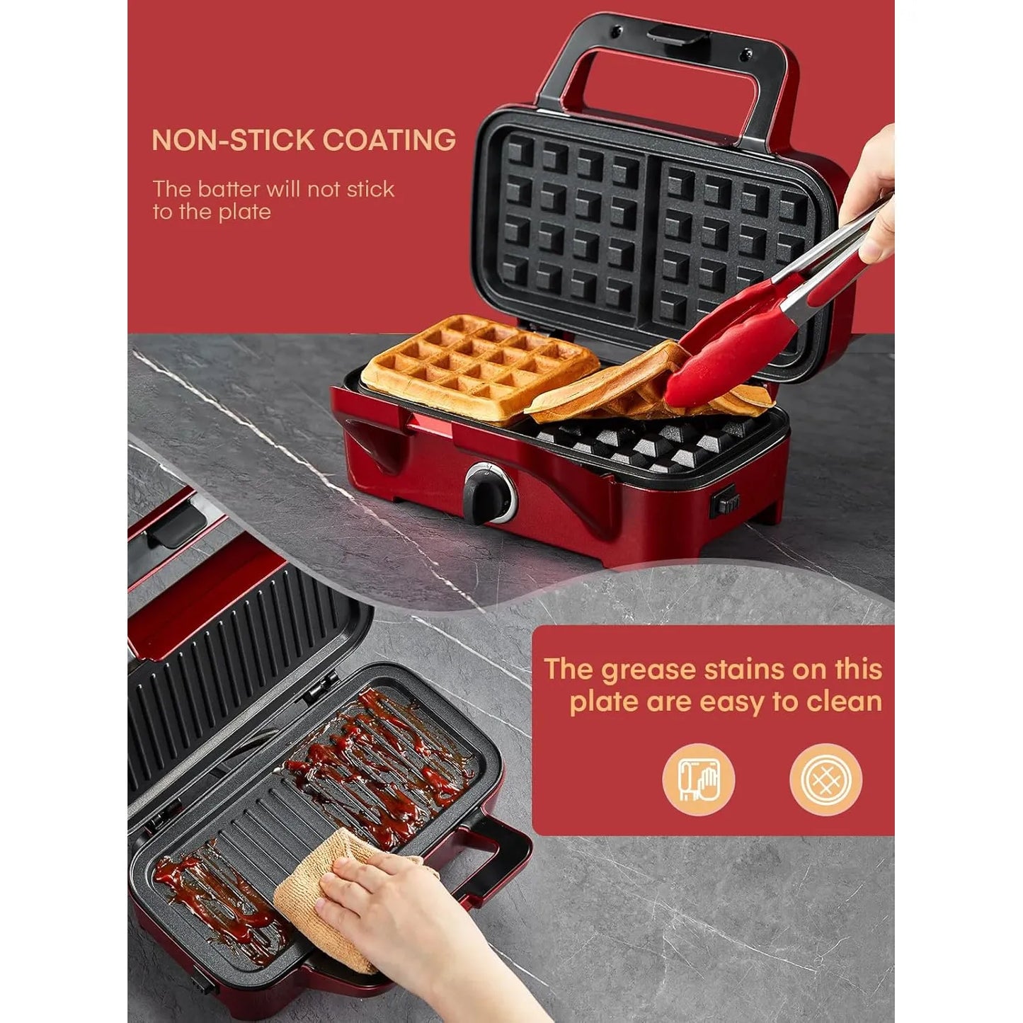 Waffle Maker 3 En 1 FOHERE 1200W Placas Desmontables Antiadherentes