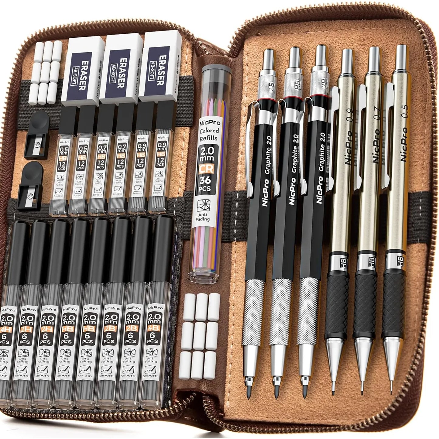 Juego De 30 Lápices Mecánicos Artísticos En Estuche De Cuero Con Minas Multicolor