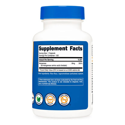 Suplemento De Manganeso Quelado 8 Mg 120 Capsulas Sin Gluten Y Apto Vegetarianos