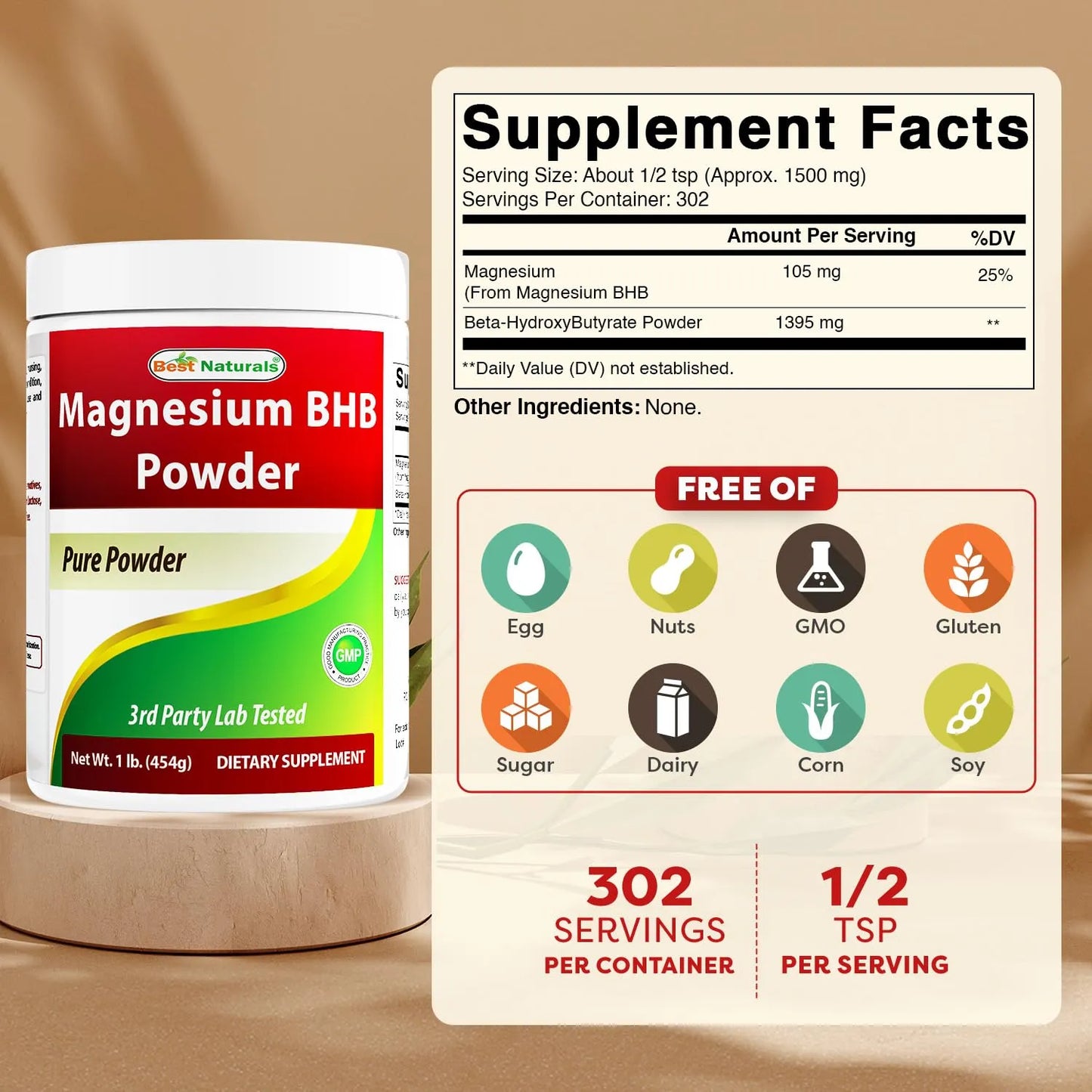 Magnesio BHB Polvo 1 Lb Energía Natural Sin Gluten Ni OMG