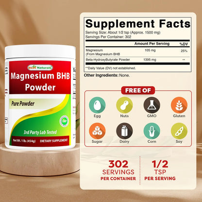 Magnesio BHB Polvo 1 Lb Energía Natural Sin Gluten Ni OMG