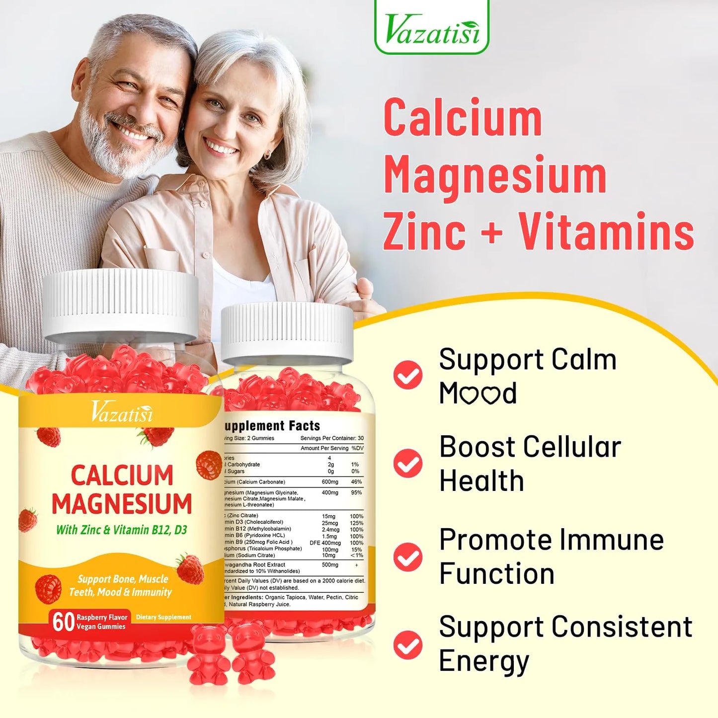 Gomitas De Calcio Magnesio Zinc Vitamina D3 B12 Sabor Frambuesa Suplemento Nutricional